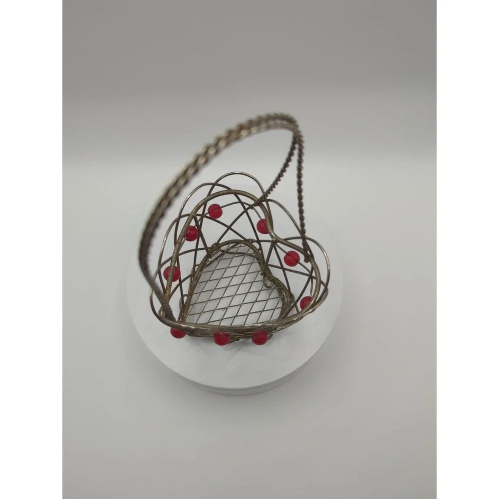 Vintage Heart Shape Mini Metal Wire Basket Red Beads Boho Valentine Decor
